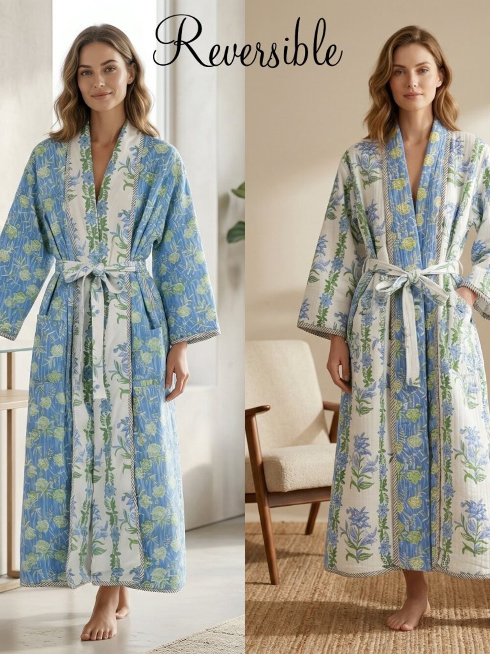 Reversible Cotton Kimono Robe, Hand Block Print Bathrobe, Floral Quilted for Her
